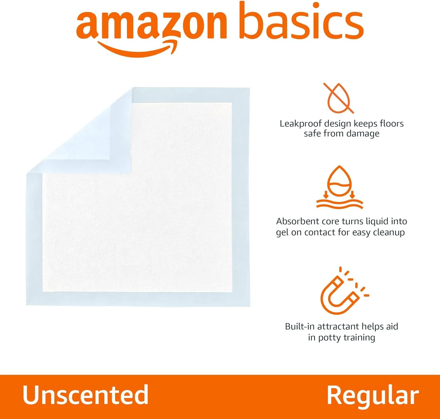 Amazon Basics Absorbent, Leak-Proof Dog and Puppy Pee Pads with 5-Layer Design and Quick-Dry Surface for Potty Training, Standard Absorbency, Regular Size, 22 x 22 Inch - Pack of 50, Blue & White