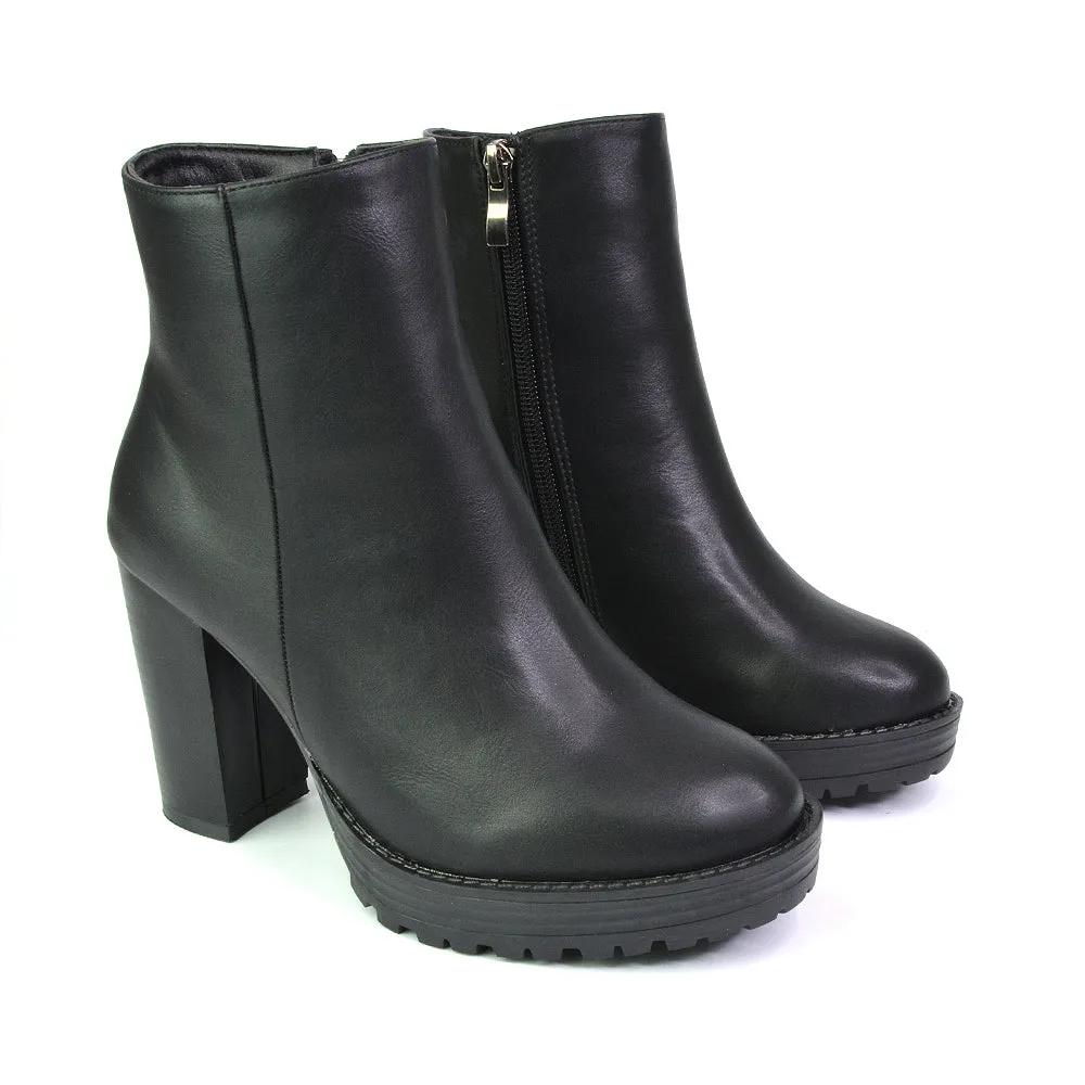 Cole Chunky Biker Block Heeled Platform Sock Ankle Boots in Black Faux Suede