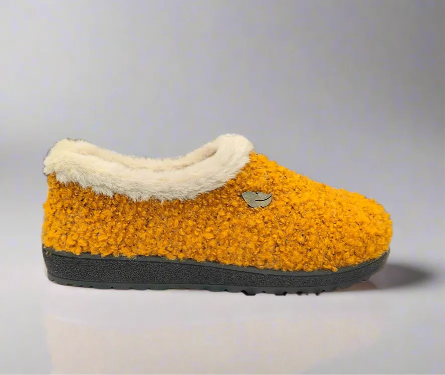 Ladies Fur Trimmed Bedroom Slippers Mustard Plumaflex Memory Foam R80021