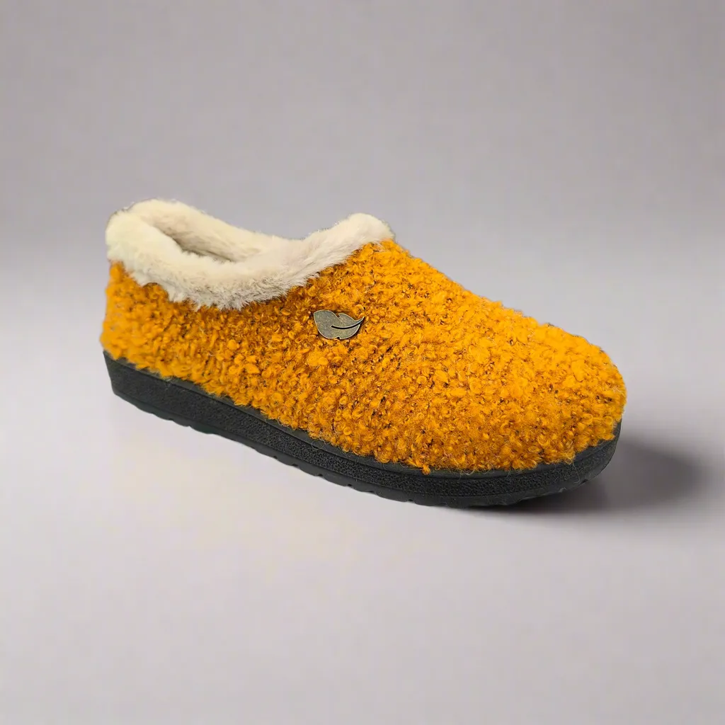 Ladies Fur Trimmed Bedroom Slippers Mustard Plumaflex Memory Foam R80021