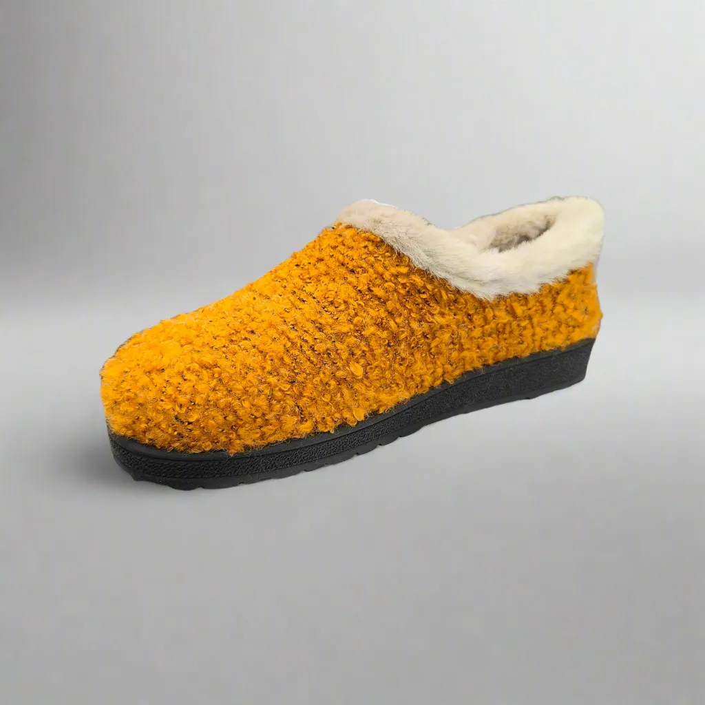 Ladies Fur Trimmed Bedroom Slippers Mustard Plumaflex Memory Foam R80021