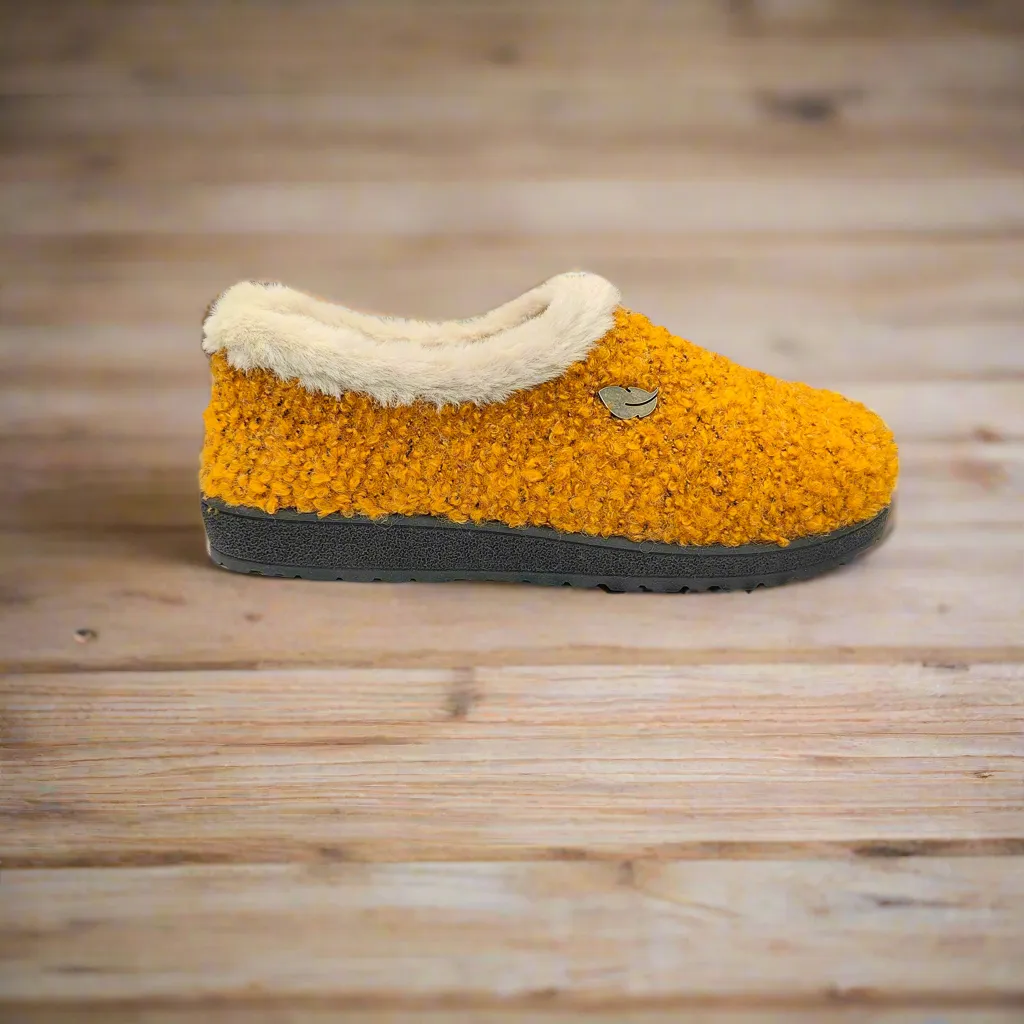 Ladies Fur Trimmed Bedroom Slippers Mustard Plumaflex Memory Foam R80021