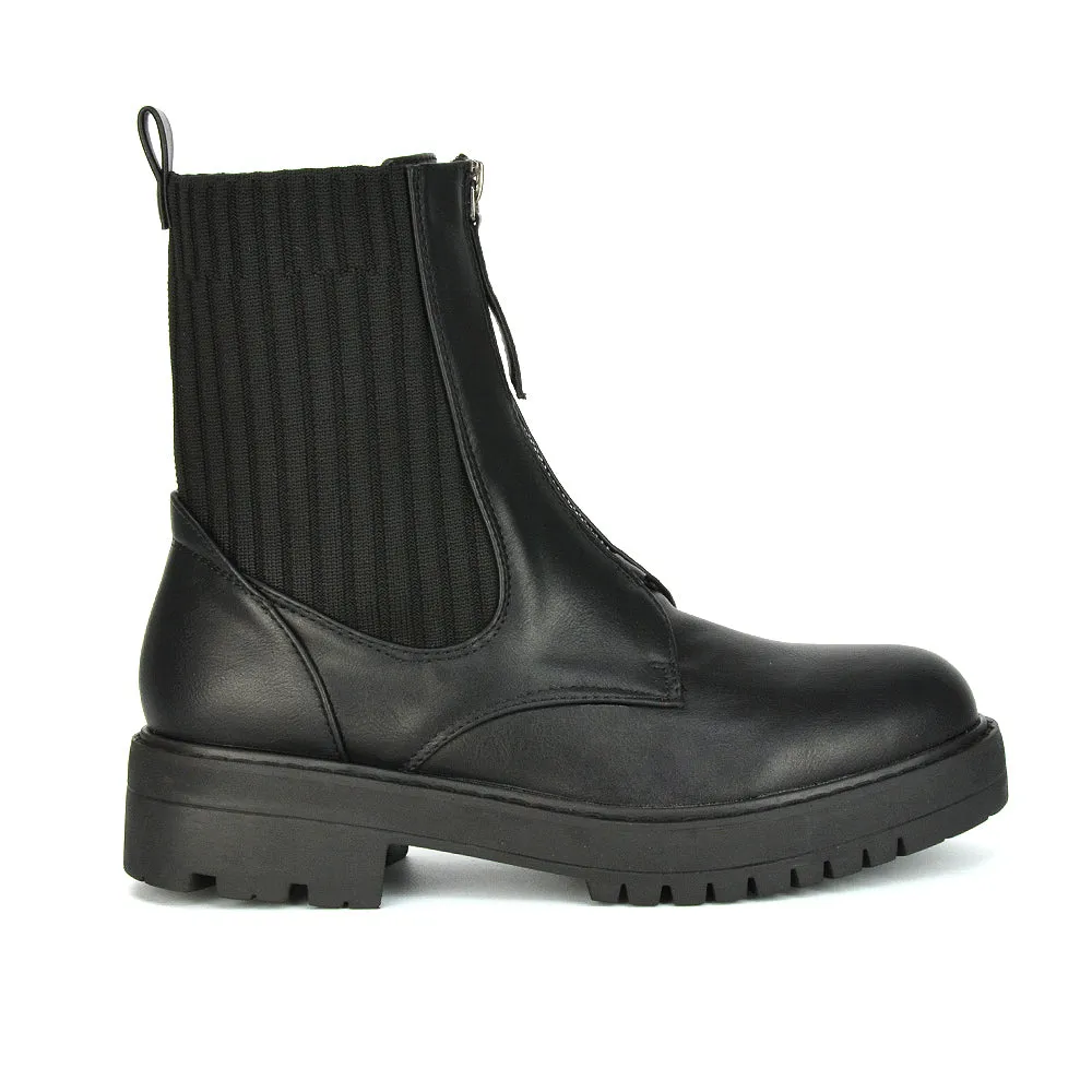 Nala Front Zip Up Chunky Sole Flat Biker Knitted Sock Ankle Boots in Black Synthetic Leather