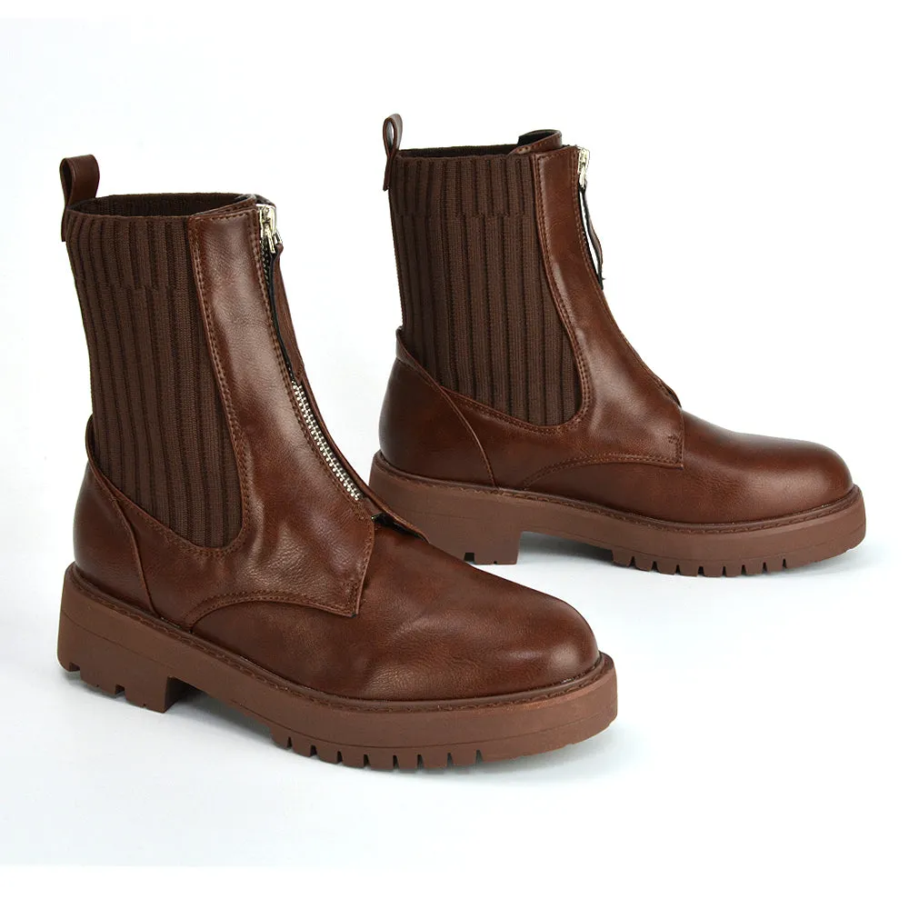 Nala Front Zip Up Chunky Sole Flat Biker Knitted Sock Ankle Boots in Black Synthetic Leather