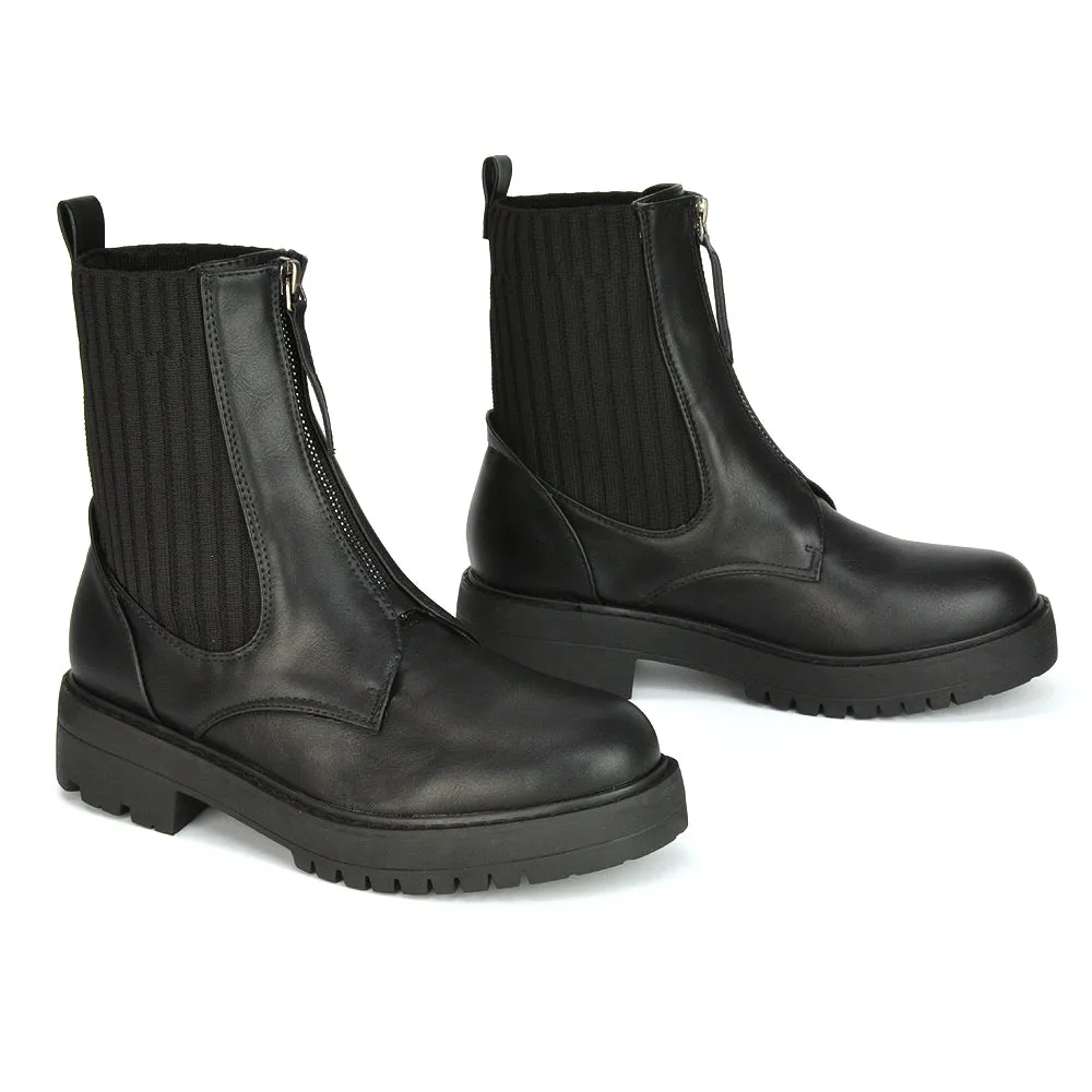 Nala Front Zip Up Chunky Sole Flat Biker Knitted Sock Ankle Boots in Black Synthetic Leather
