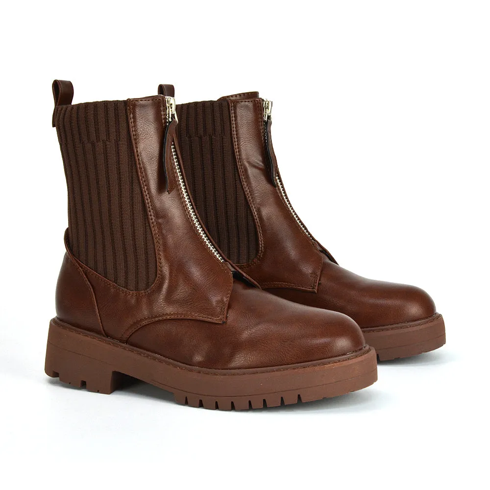 Nala Front Zip Up Chunky Sole Flat Biker Knitted Sock Ankle Boots in Black Synthetic Leather