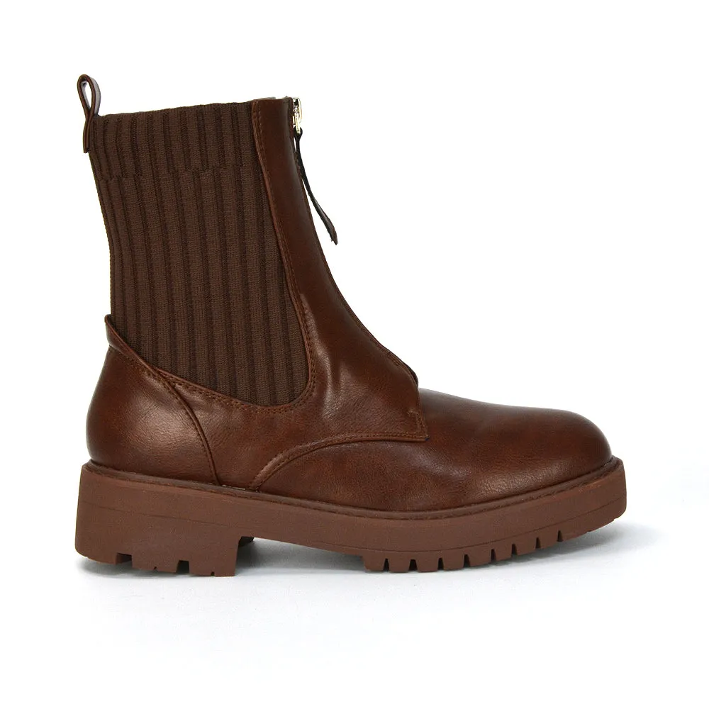 Nala Front Zip Up Chunky Sole Flat Biker Knitted Sock Ankle Boots in Black Synthetic Leather