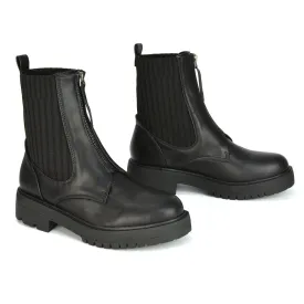 Nala Front Zip Up Chunky Sole Flat Biker Knitted Sock Ankle Boots in Black Synthetic Leather