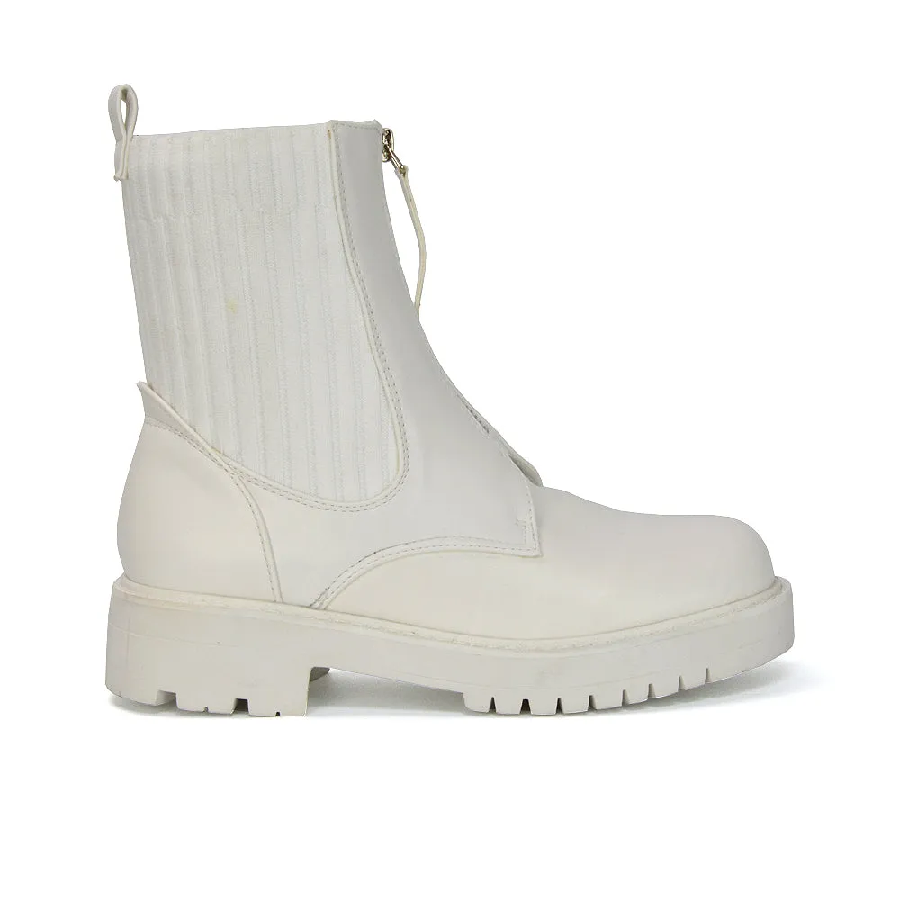 Nala Front Zip Up Chunky Sole Flat Biker Knitted Sock Ankle Boots in Black Synthetic Leather