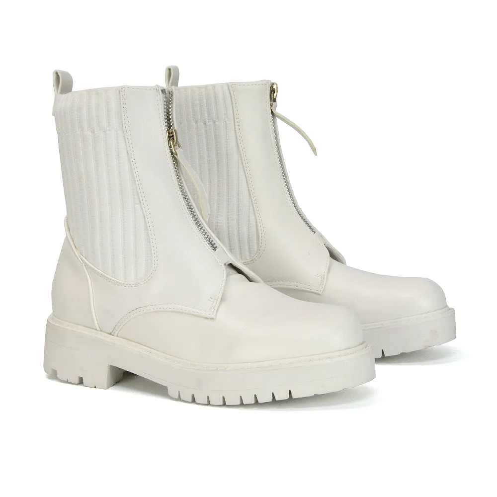 Nala Front Zip Up Chunky Sole Flat Biker Knitted Sock Ankle Boots in Black Synthetic Leather