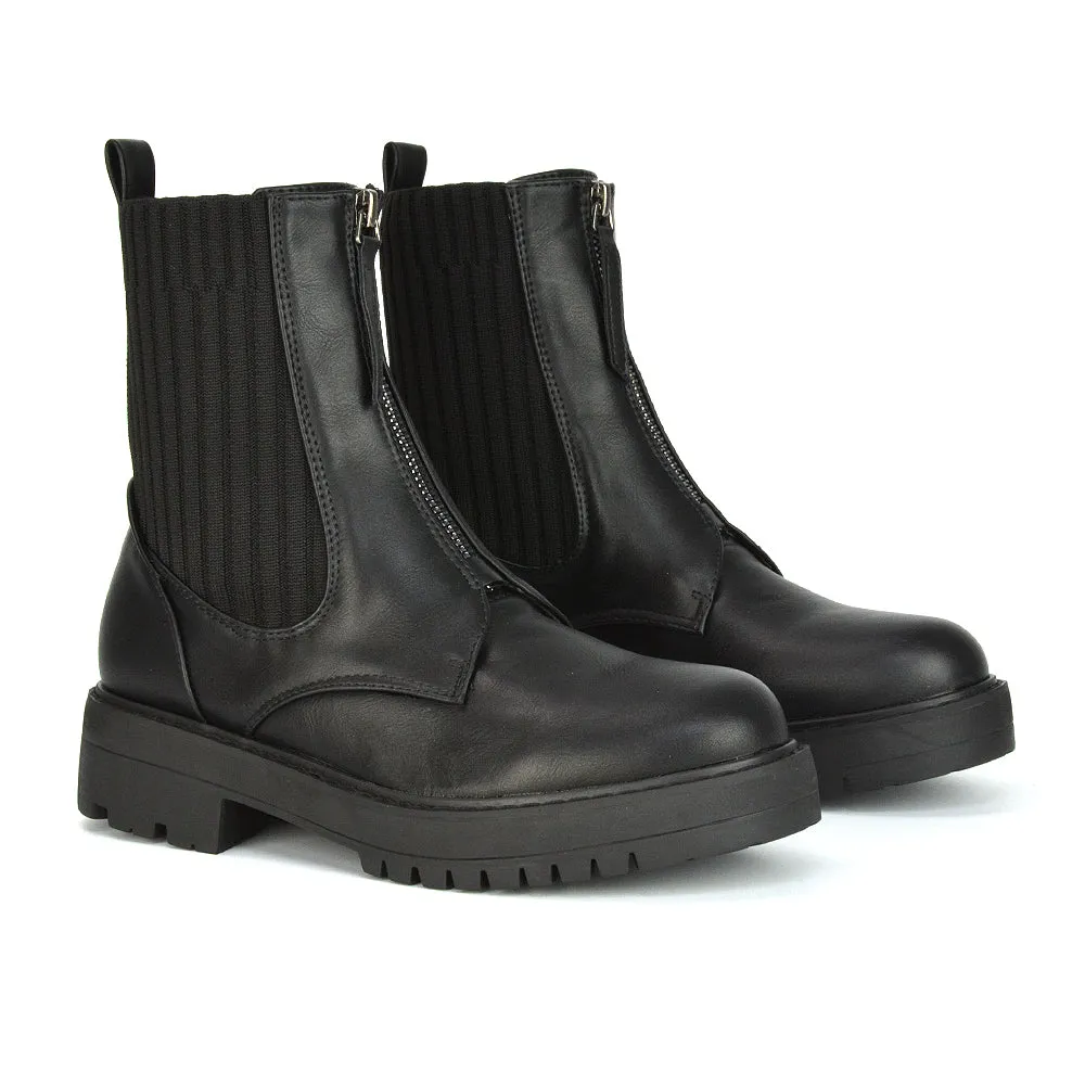 Nala Front Zip Up Chunky Sole Flat Biker Knitted Sock Ankle Boots in Black Synthetic Leather