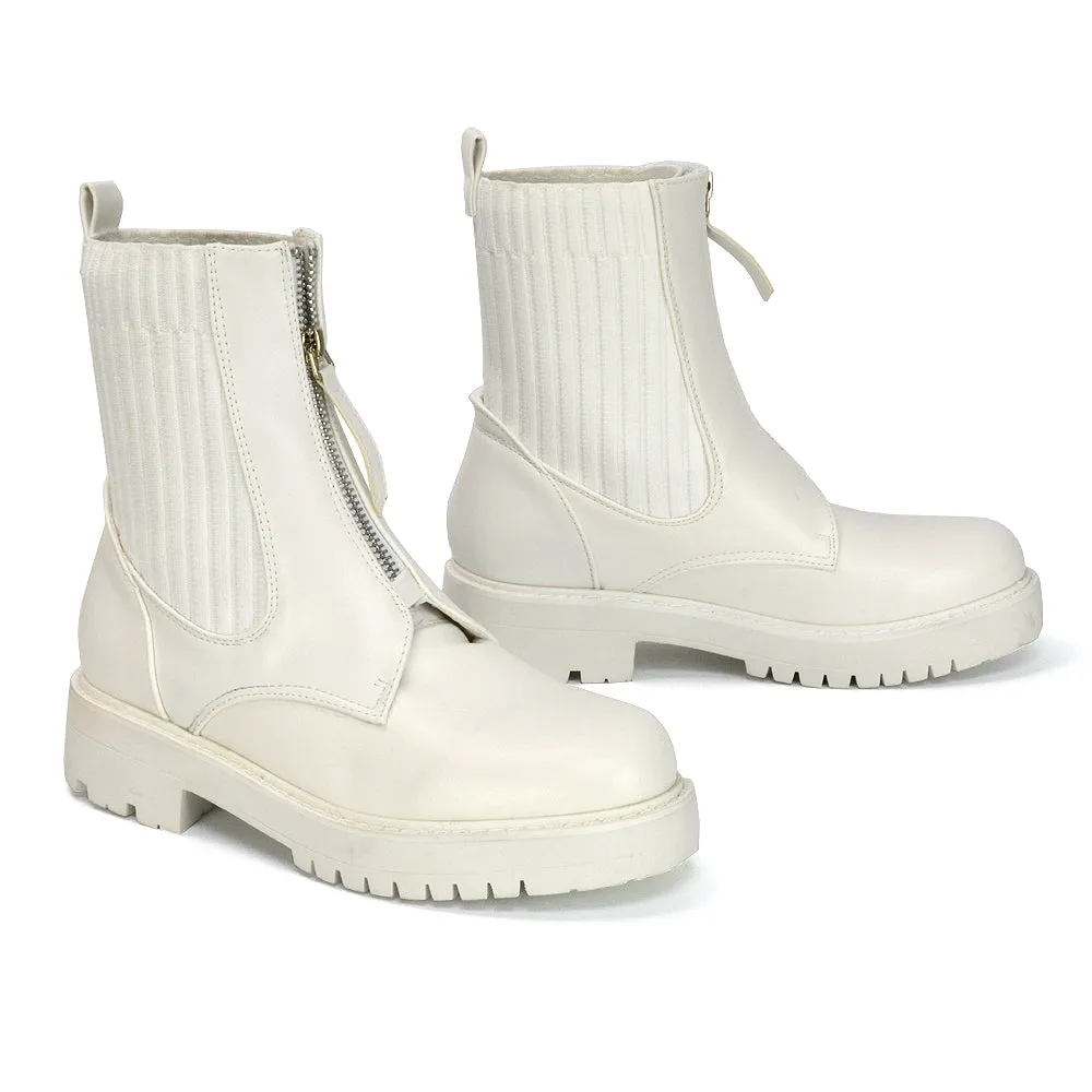 Nala Front Zip Up Chunky Sole Flat Biker Knitted Sock Ankle Boots in Black Synthetic Leather