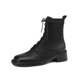 TinaCus Handmade Women's Genuine Leather Front Lace Up Round Toe Low Chunky Heel Motorcycle Ankle Boots Shoes