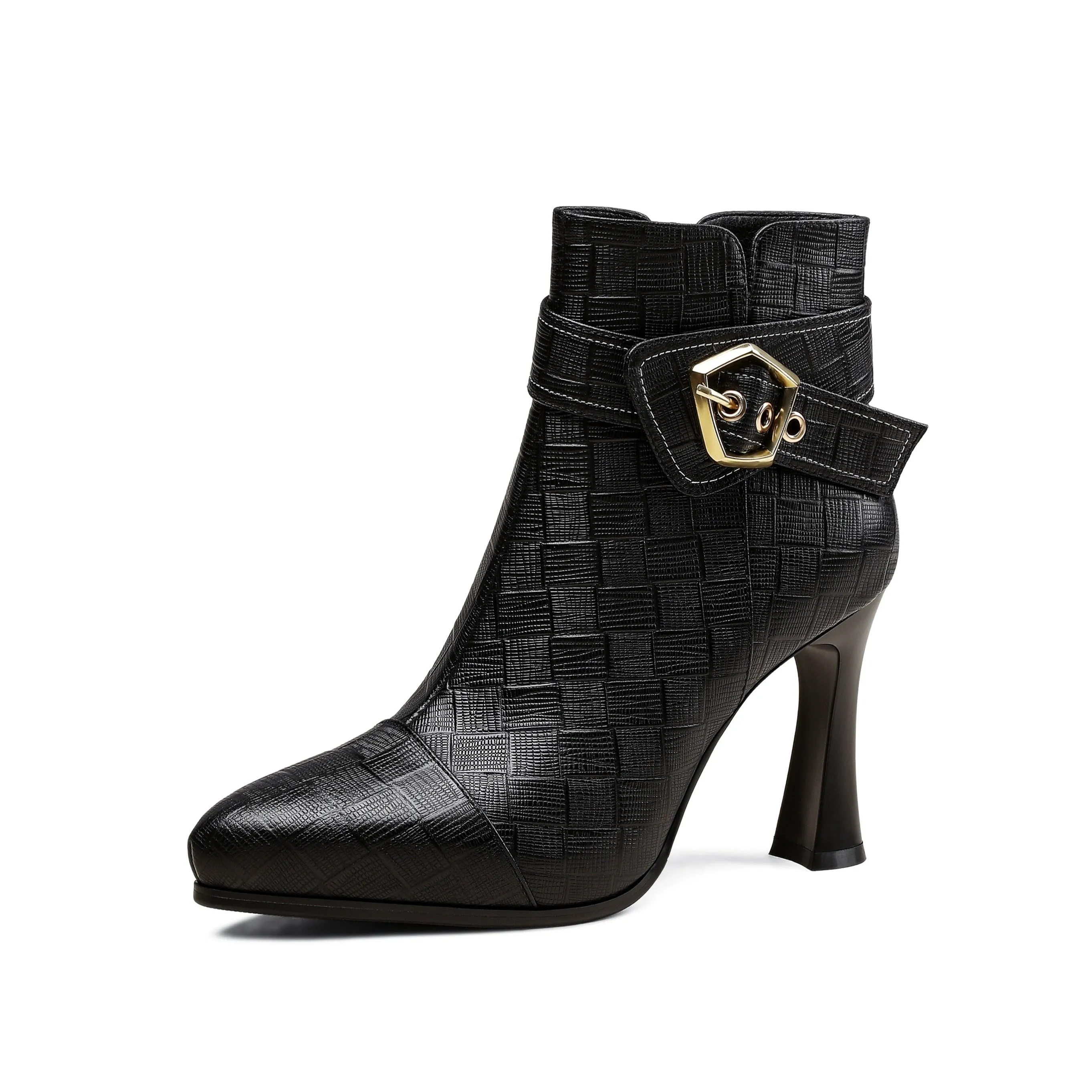 TinaCus Women's Platform Pointed Toe Genuine Leather Handmade High Heel Side Zip Ankle Boots with Modern Buckle