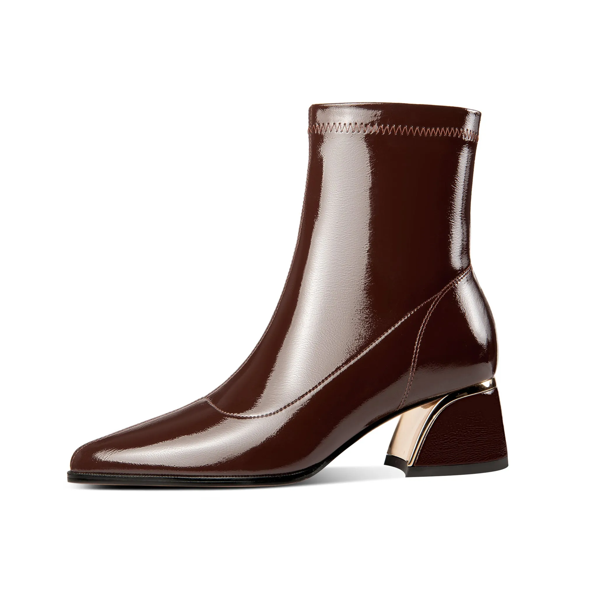 TinaCus Women's Pointed Toe Patent Leather Handmade Side Zip Chunky Heel Boots