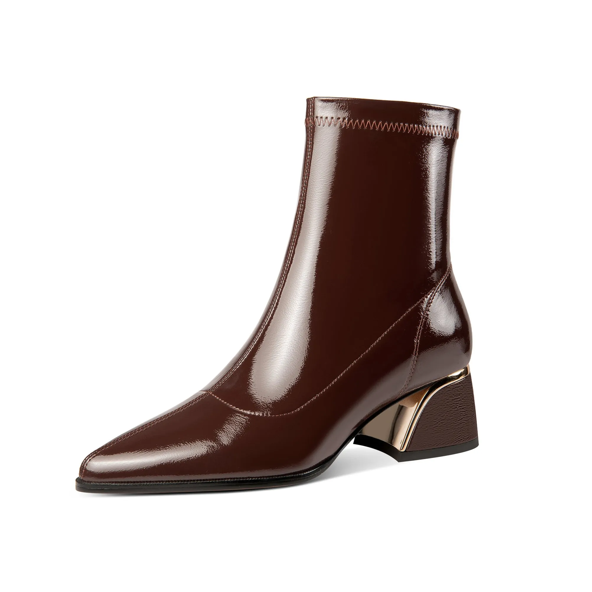 TinaCus Women's Pointed Toe Patent Leather Handmade Side Zip Chunky Heel Boots